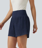 Short baggy 2-en-1 casual en tissu froissé taille haute avec poches