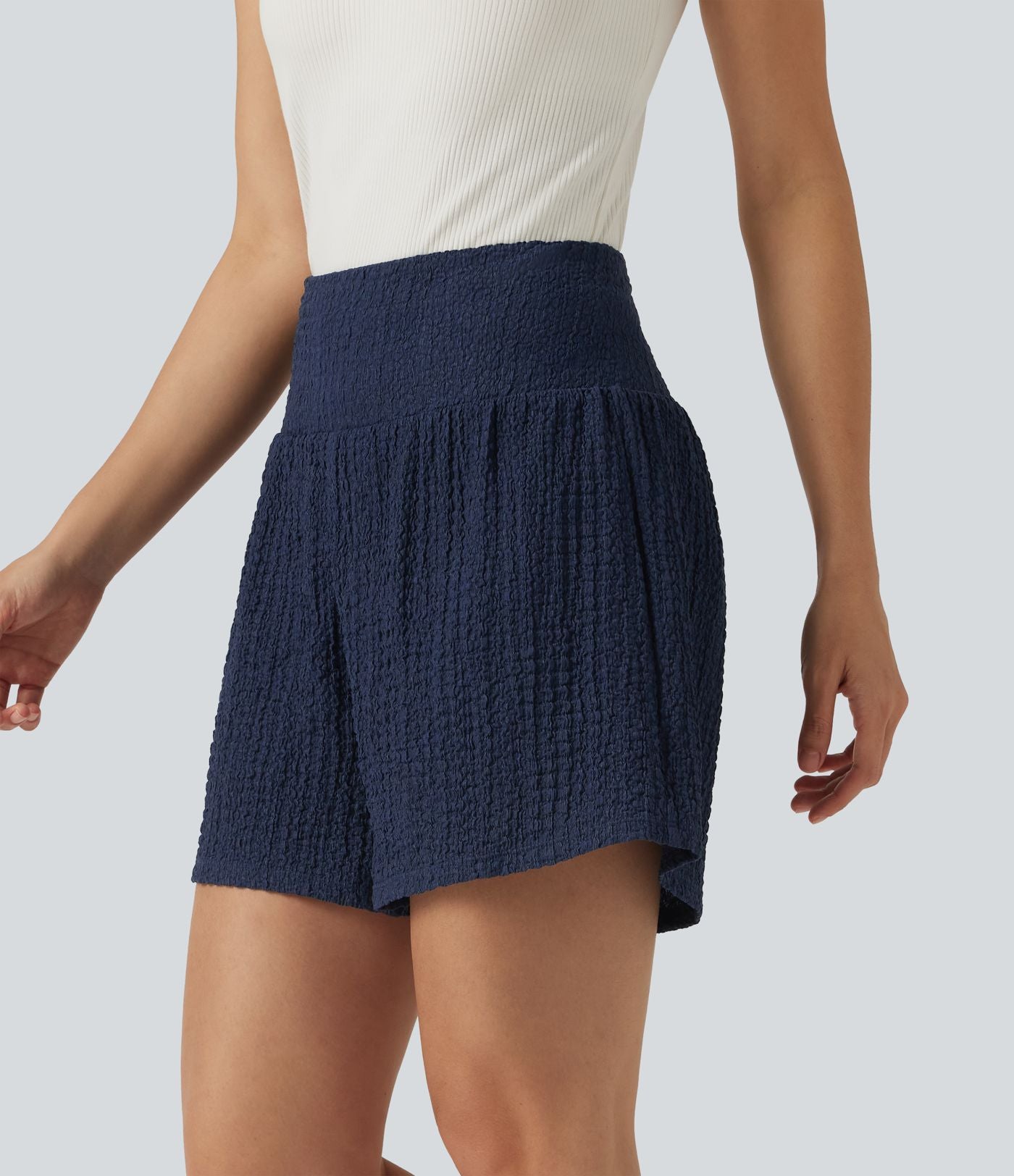 Short baggy 2-en-1 casual en tissu froissé taille haute avec poches