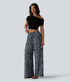 Pantalon large casual en maille gaufrée imprimé léopard taille mi-haute avec cordon de serrage et poches