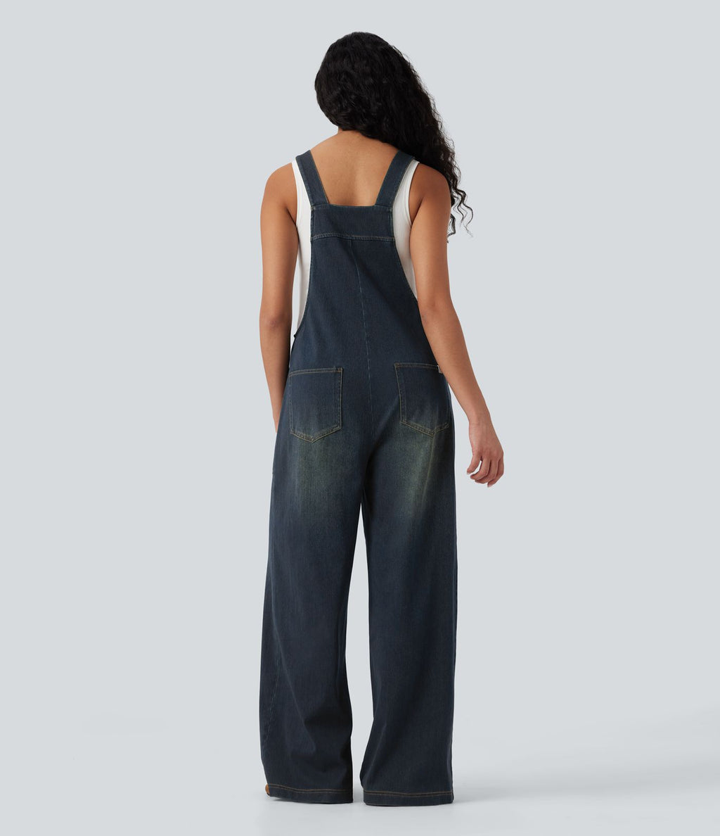 Salopette denim Halara Flex™ col carré effet délavé avec poches