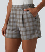 Short tailleur droit à carreaux taille haute avec poches