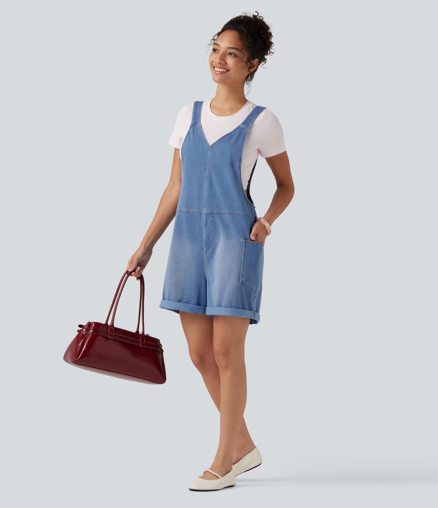 Salopette en jean Halara Flex™ col V délavée décontractée à ourlet roulotté avec poches