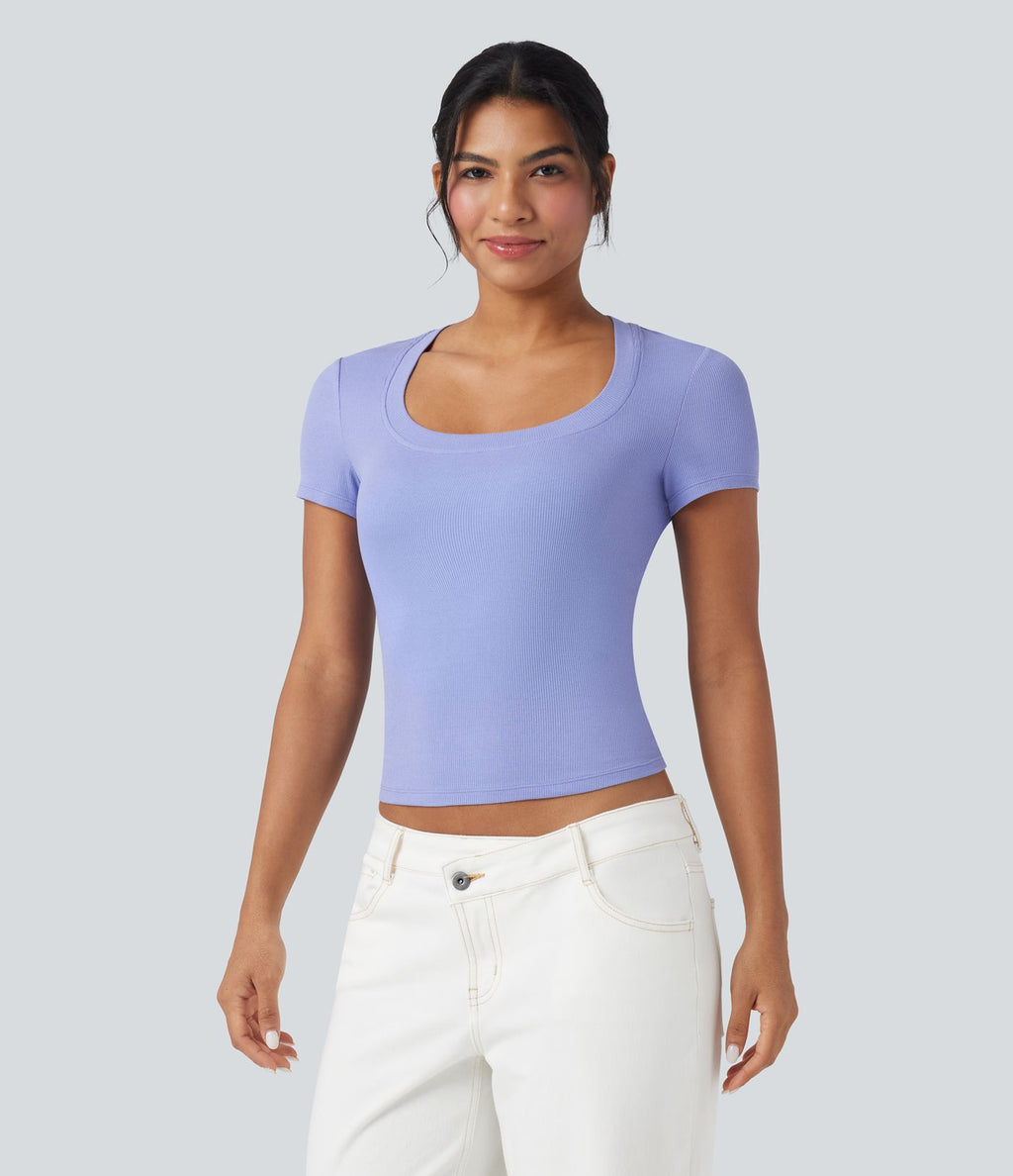 T-shirt décontracté maille côtelée manches courtes