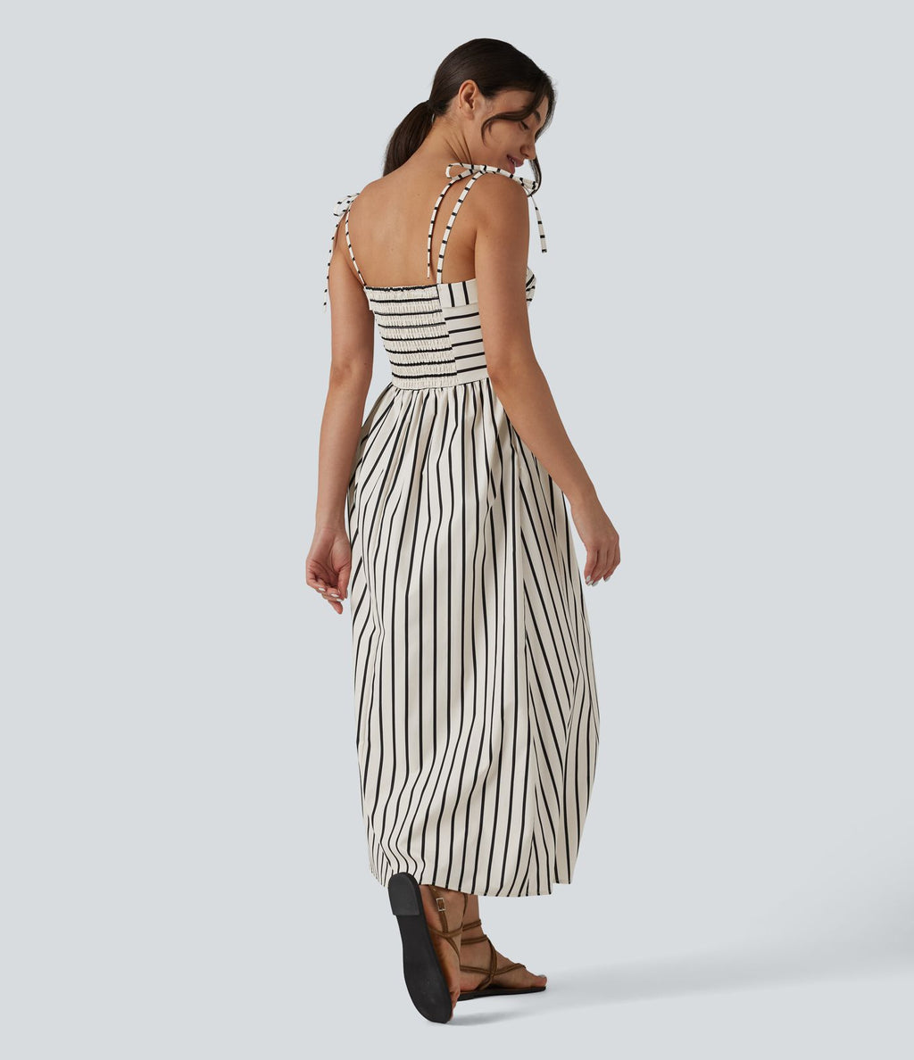 Robe midi rayée bretelles fines avec laçage et poches