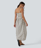Robe midi rayée bretelles fines avec laçage et poches