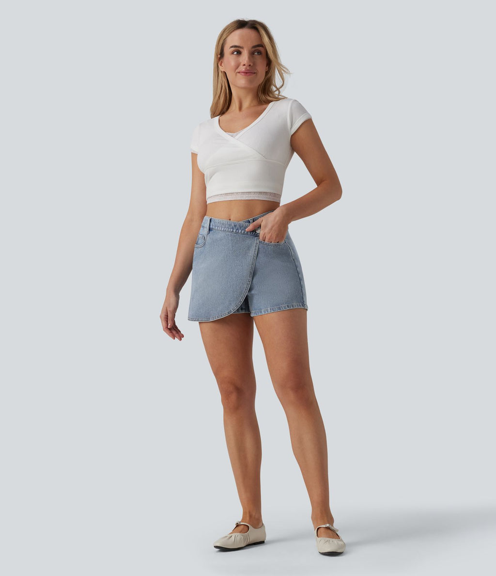 Jupe-short denim Halara Flex™ asymétrique casual taille mi-haute avec poches