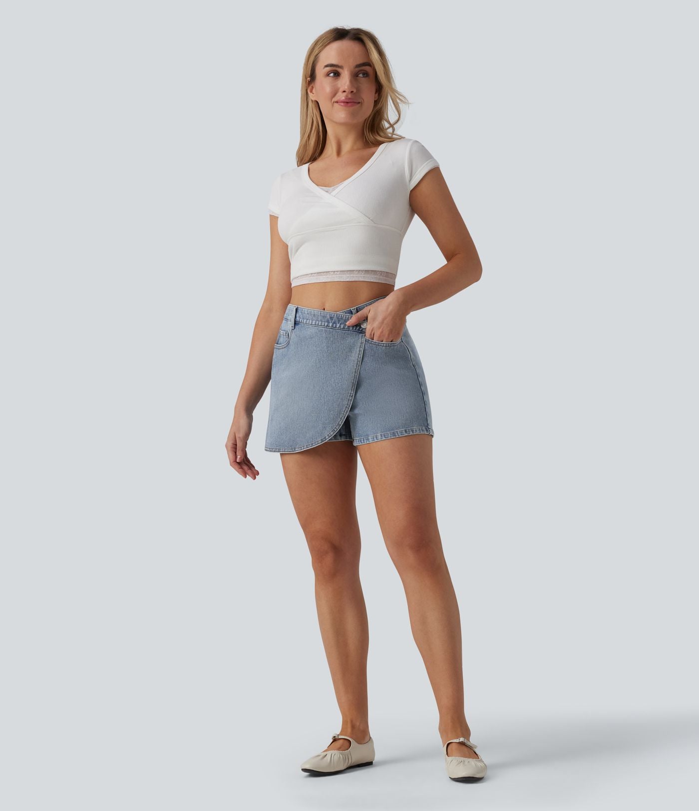 Jupe-short denim Halara Flex™ asymétrique casual taille mi-haute avec poches