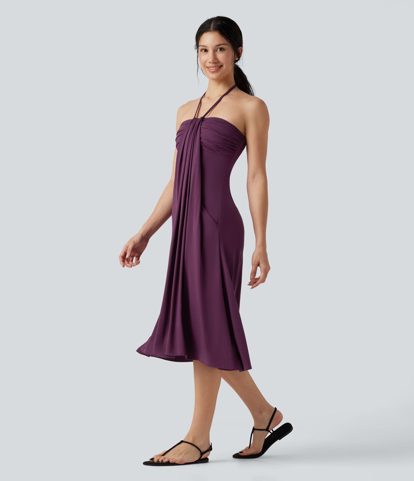 Robe midi trapèze dos-nu à nouer, à poches