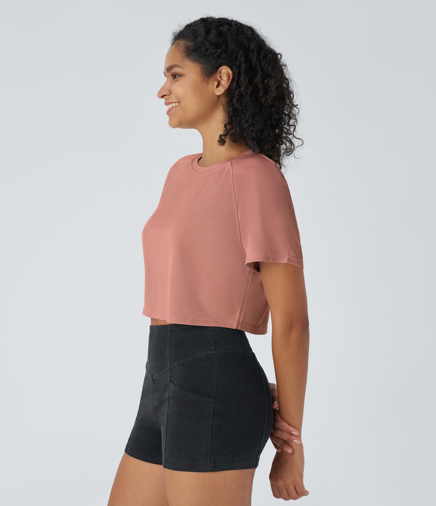T-shirt Casual Court Tissu Gaufré Uni à Manches Raglan