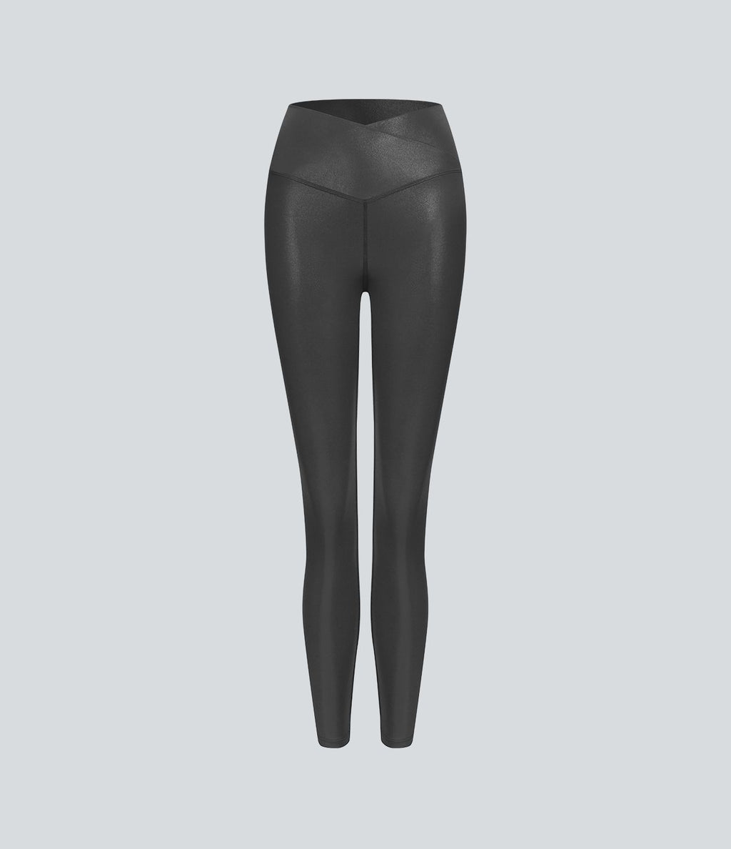 Legging de yoga SoftlyZero™ en simili stretch avec taille croisée, imprimé métallisé et poche arrière