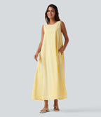 Robe débardeur midi décontractée col rond sans manches en vichy froissé avec poches