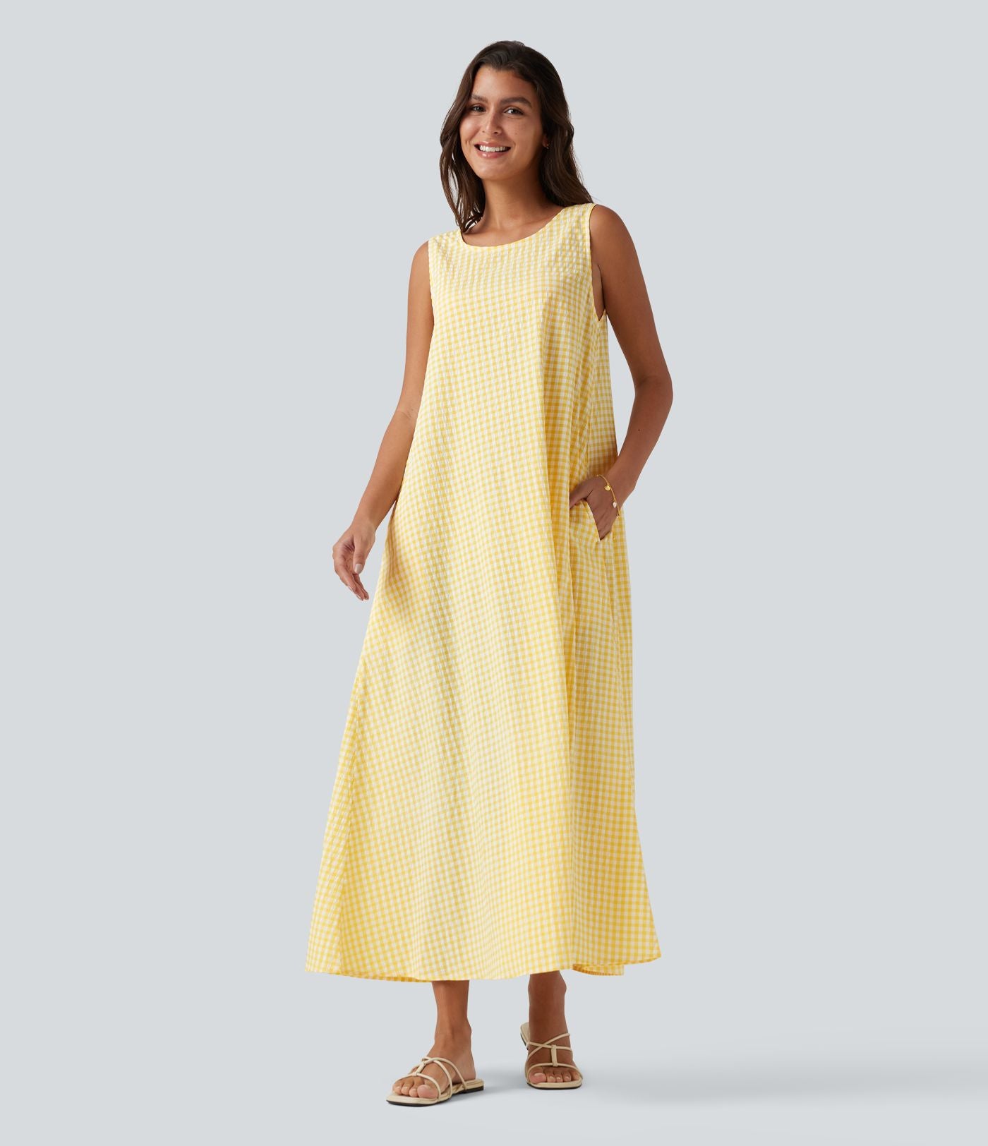 Robe débardeur midi décontractée col rond sans manches en vichy froissé avec poches
