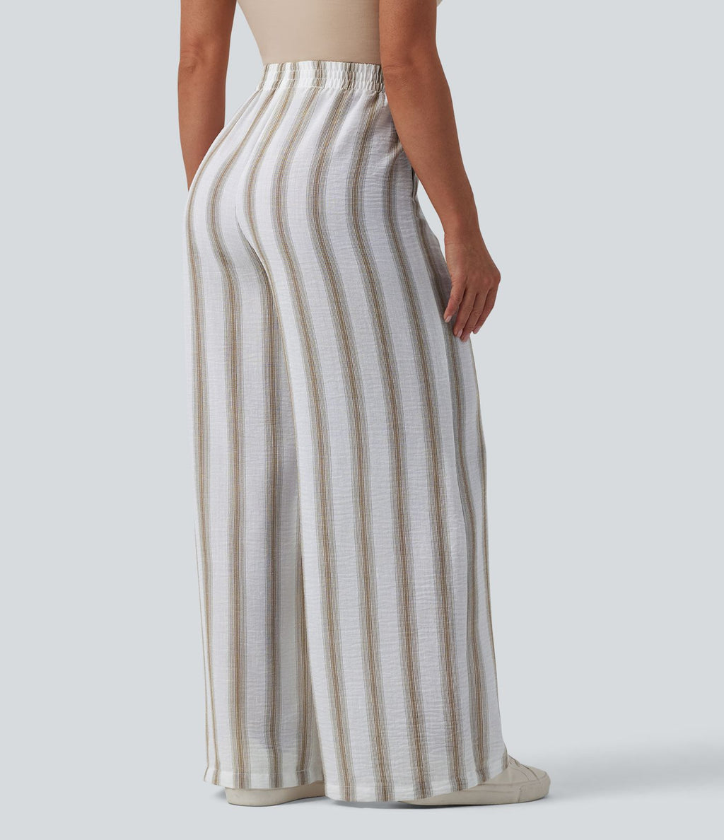 Pantalon casual ample taille haute aspect lin à rayures avec poches