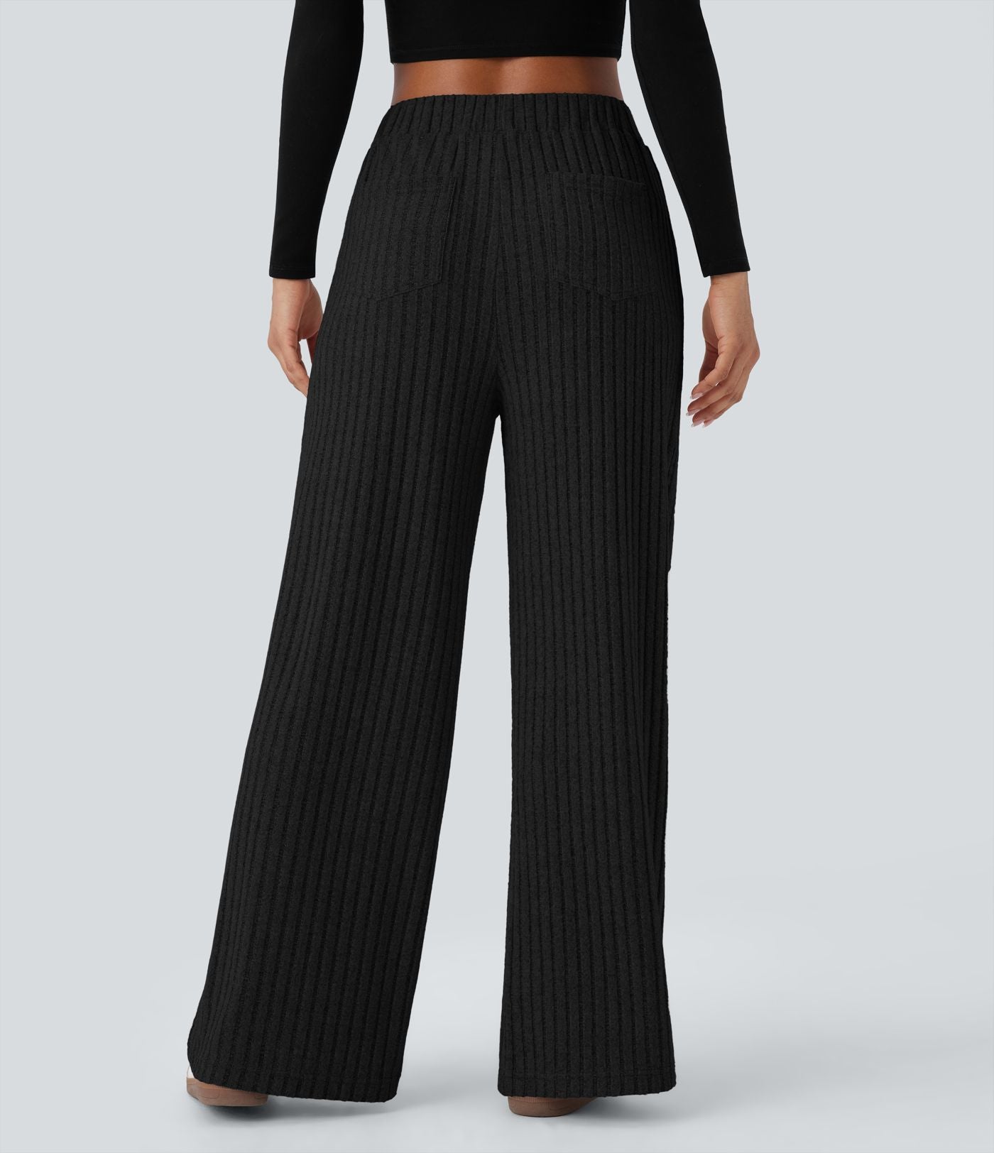 Pantalon large décontracté côtelé taille haute avec poches multiples
