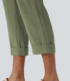 Pantalon capri effet lin taille haute avec poches zippées