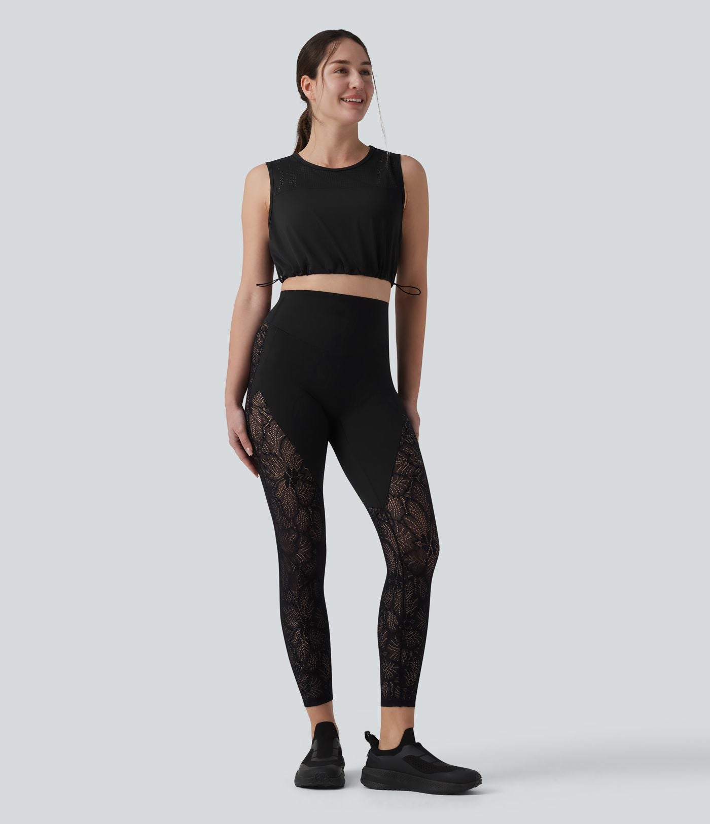 Débardeur yoga court col rond mesh respirant avec ourlet à cordon de serrage