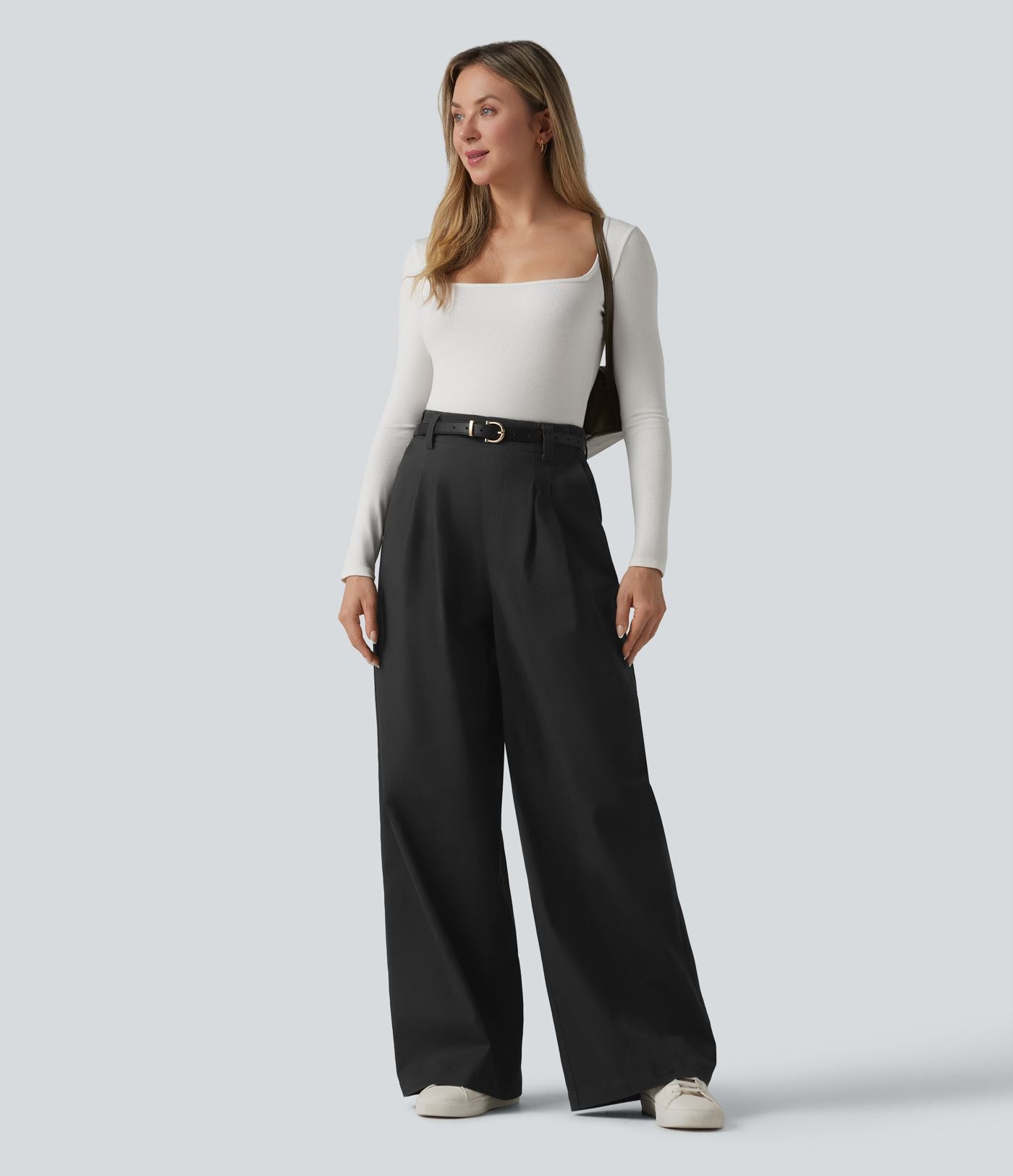 Pantalon chino de travail ample taille haute en coton avec poches