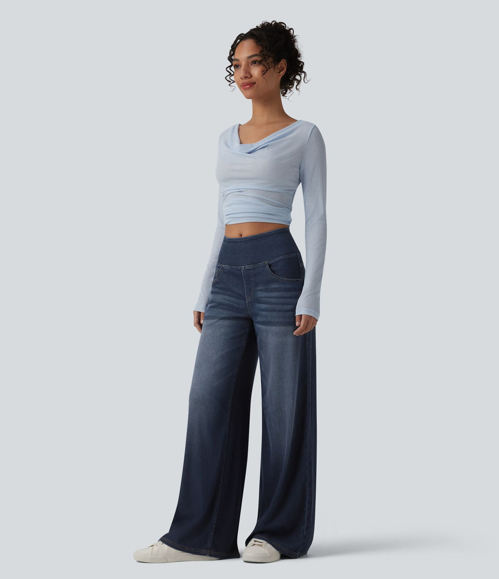 Halara Flex™ Jean large casual baggy taille mi-haute en lyocell drapé effet délavé, avec poches