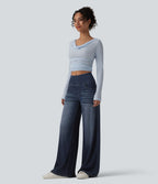 Halara Flex™ Jean large casual baggy taille mi-haute en lyocell drapé effet délavé, avec poches