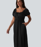 Robe longue fluide et décontractée en lin, à col carré, manches bouffantes, soutien-gorge intégré froncé et poches