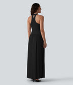 Robe longue côtelée à dos nageur, brassière intégrée et poches