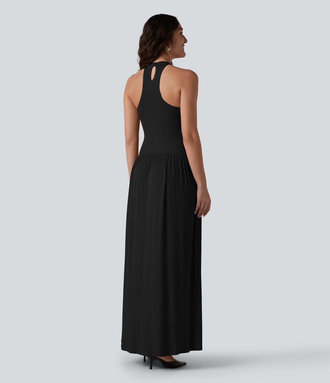 Robe longue côtelée à dos nageur, brassière intégrée et poches