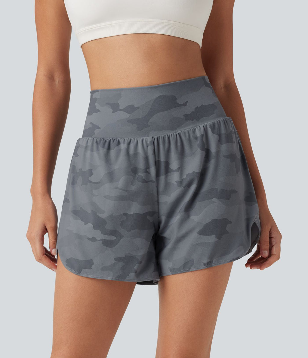 Short de running 2 en 1 Halara UltraSculpt™ gainant imprimé camouflage, taille haute, ourlet incurvé, 10 cm, avec poche
