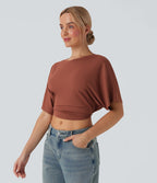 Haut casual crop col rond manches courtes fentes liens dos