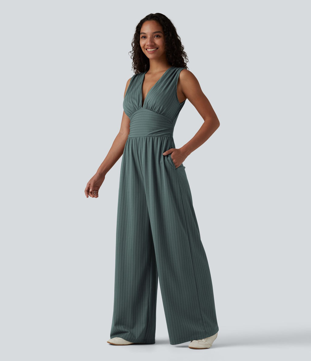 Combinaison tailleur col V sans manches à rayures et fronces avec poches - Easy Peasy
