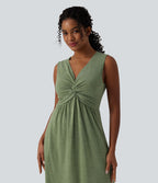 Robe midi évasée décontractée col V sans manches torsadée avec poches