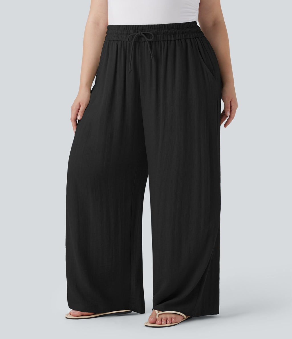 Pantalon décontracté grande taille large fluide taille haute effet lin avec cordon de serrage et poches