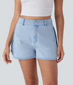 Short décontracté en denim extensible Halara Flex™ taille haute avec bouton, fermeture éclair et ourlet courbé 7,5 cm