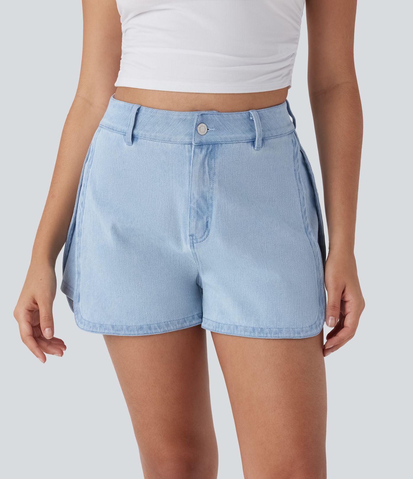 Short décontracté en denim extensible Halara Flex™ taille haute avec bouton, fermeture éclair et ourlet courbé 7,5 cm