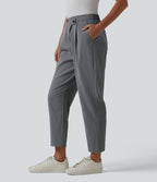 Pantalon tailleur aspect lin fuselé taille haute asymétrique avec poches