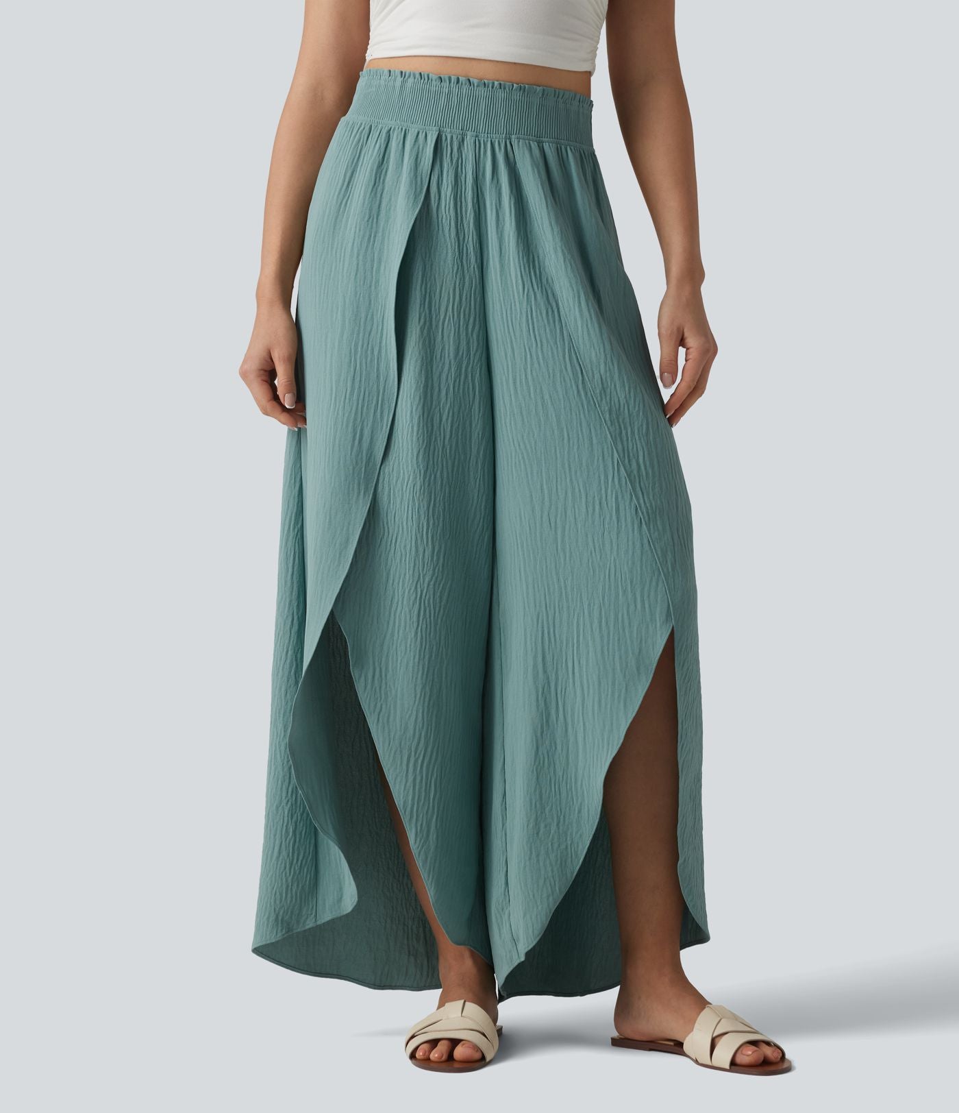 Pantalon large fluide décontracté taille haute aspect lin