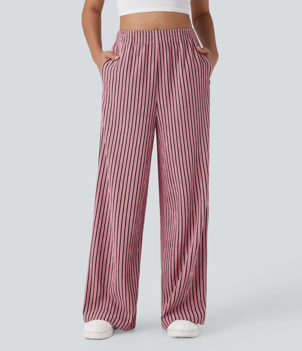 Pantalon tailleur décontracté à taille haute, jambes droites, texture froissée et poches latérales