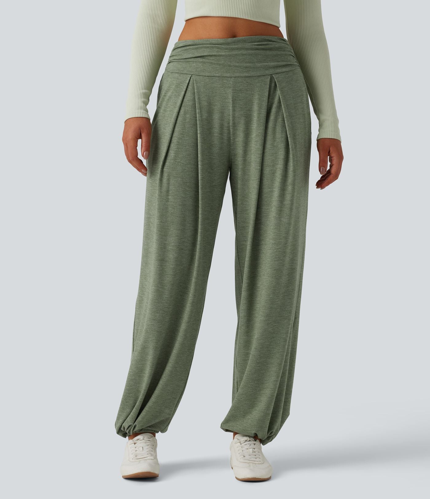 Pantalon de yoga chiné froncé taille haute avec poches