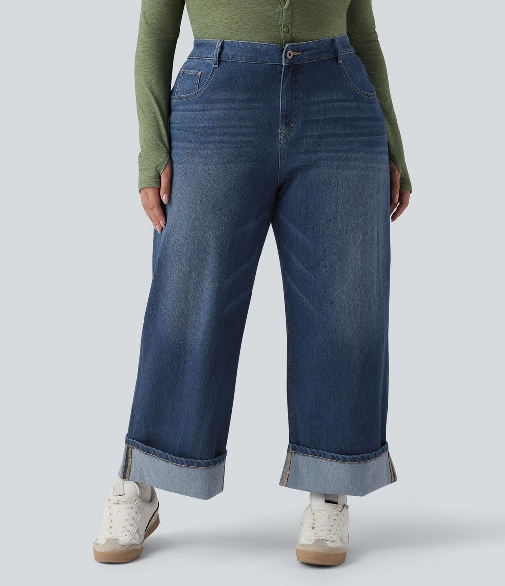 Jean casual grande taille Halara Flex™ tricot extensible délavé taille haute jambe large ourlet roulotté avec poches