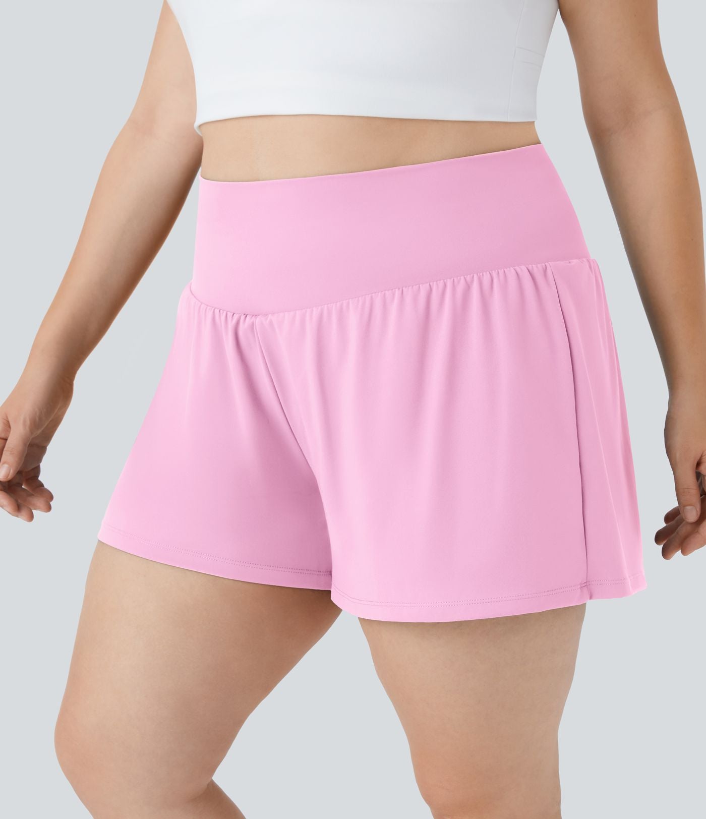 Short Yoga 10cm Plus Longue Taille Ultra Haute 2 en 1 Poche Arrière Poche Cachée Latérale Grande Taille