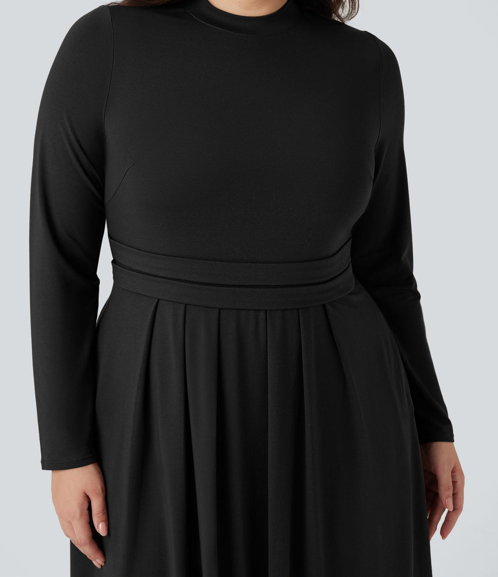 Robe décontractée maxi évasée grande taille col montant manches longues avec poches