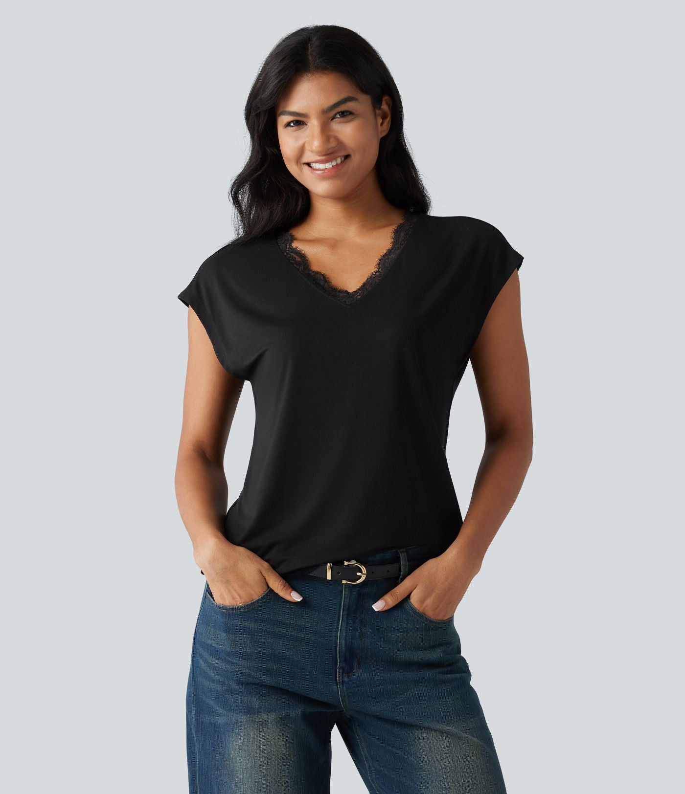 T-shirt décontracté en dentelle col V manches courtes