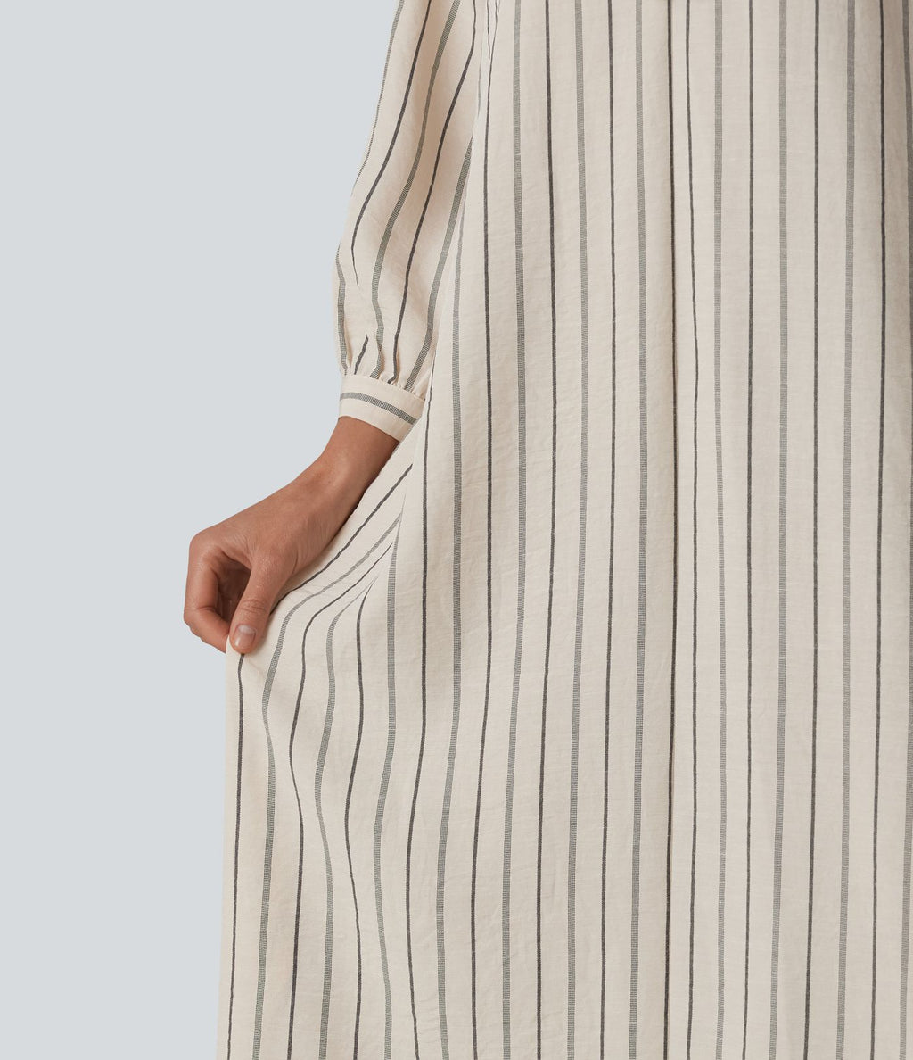 Robe midi casual à rayures aspect lin col V avec nœud, manches 3/4 fendues et poches