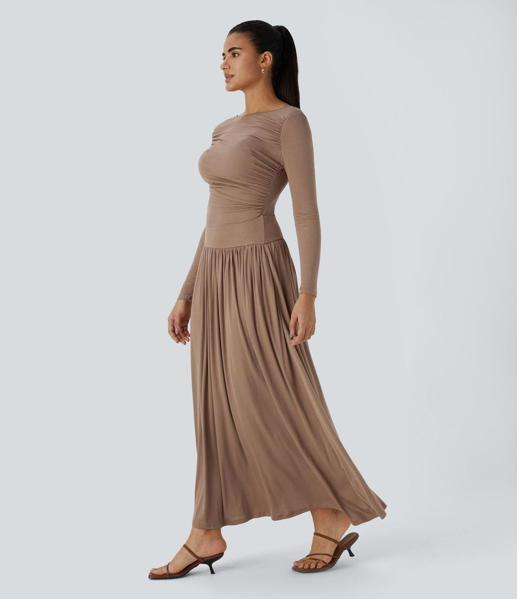 Robe Casual Maxi Fluide Encolure Bateau en Côtes avec Poches Latérales et Froncée