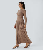 Robe Casual Maxi Fluide Encolure Bateau en Côtes avec Poches Latérales et Froncée