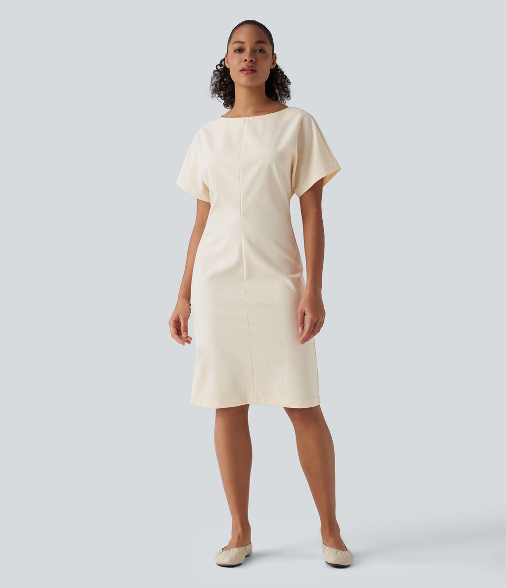 Robe mi-longue de travail col bateau manches courtes mélange lin