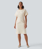 Robe mi-longue de travail col bateau manches courtes mélange lin