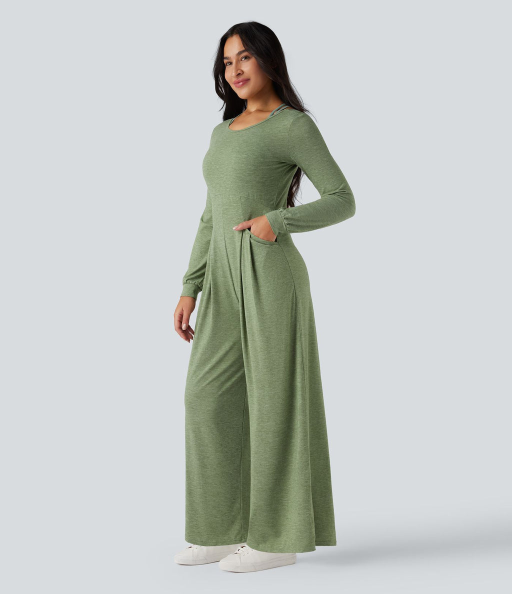 Combinaison-pantalon ample décontractée dos nu col rond à manches longues avec poches