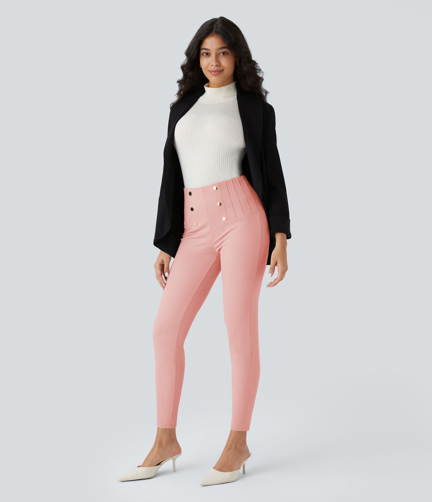 Pantalon tailleur skinny gainant taille haute à chevrons avec poches arrière zippées décoratives