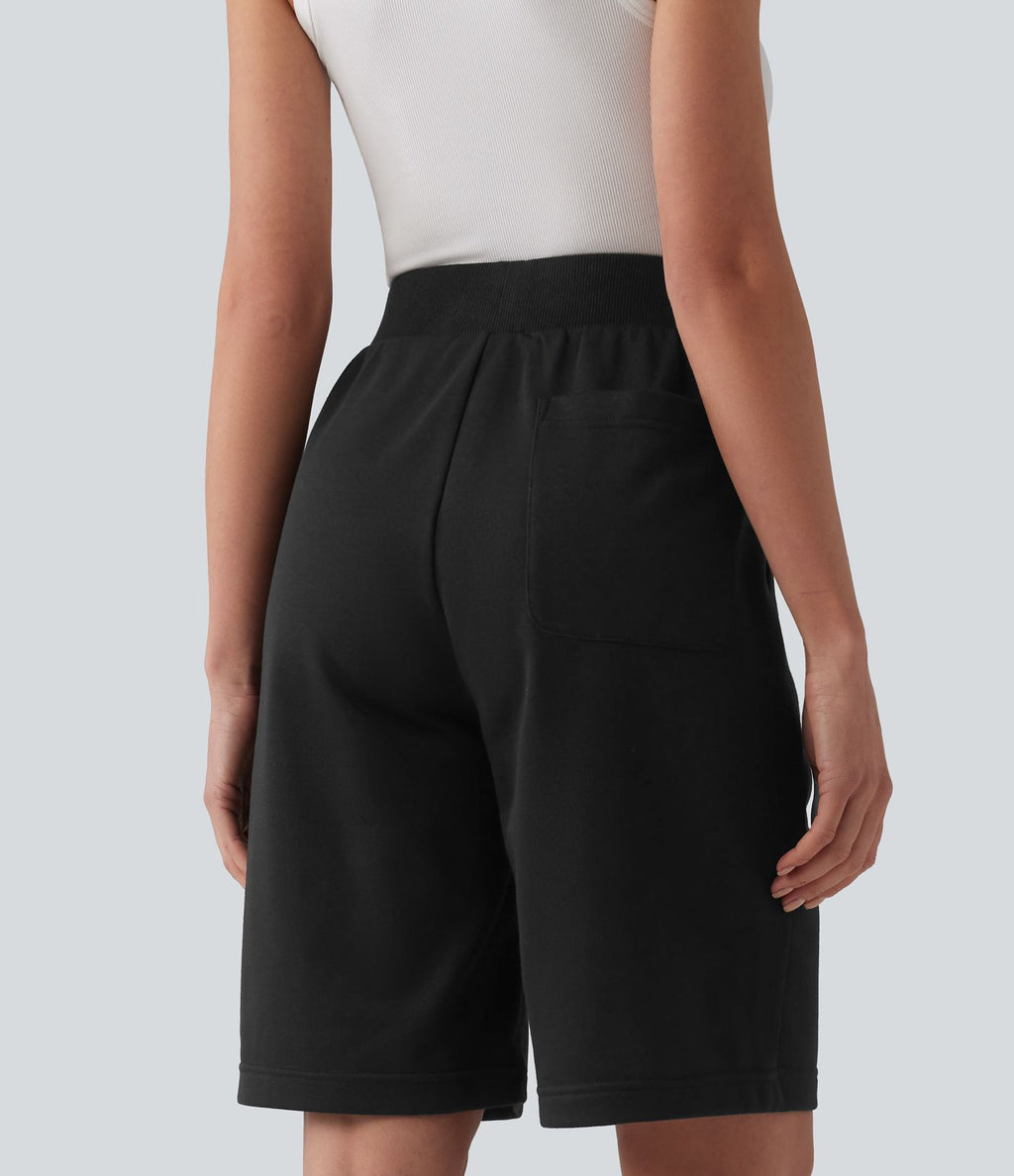 Bermuda casual ample taille mi-haute en molleton français à cordon de serrage intérieur avec poches