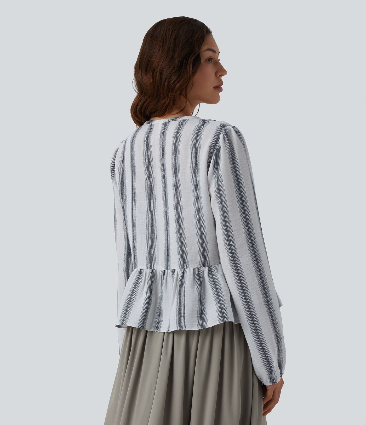 Blouse aspect lin à rayures manches longues ourlet à volants à nouer devant